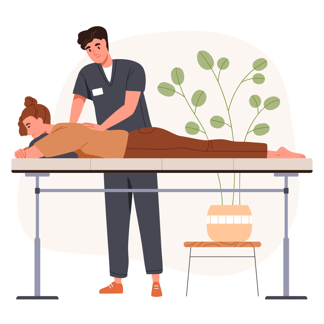 Physiotherapeut, der eine manuelle Behandlung am Rücken einer liegenden Person durchführt.