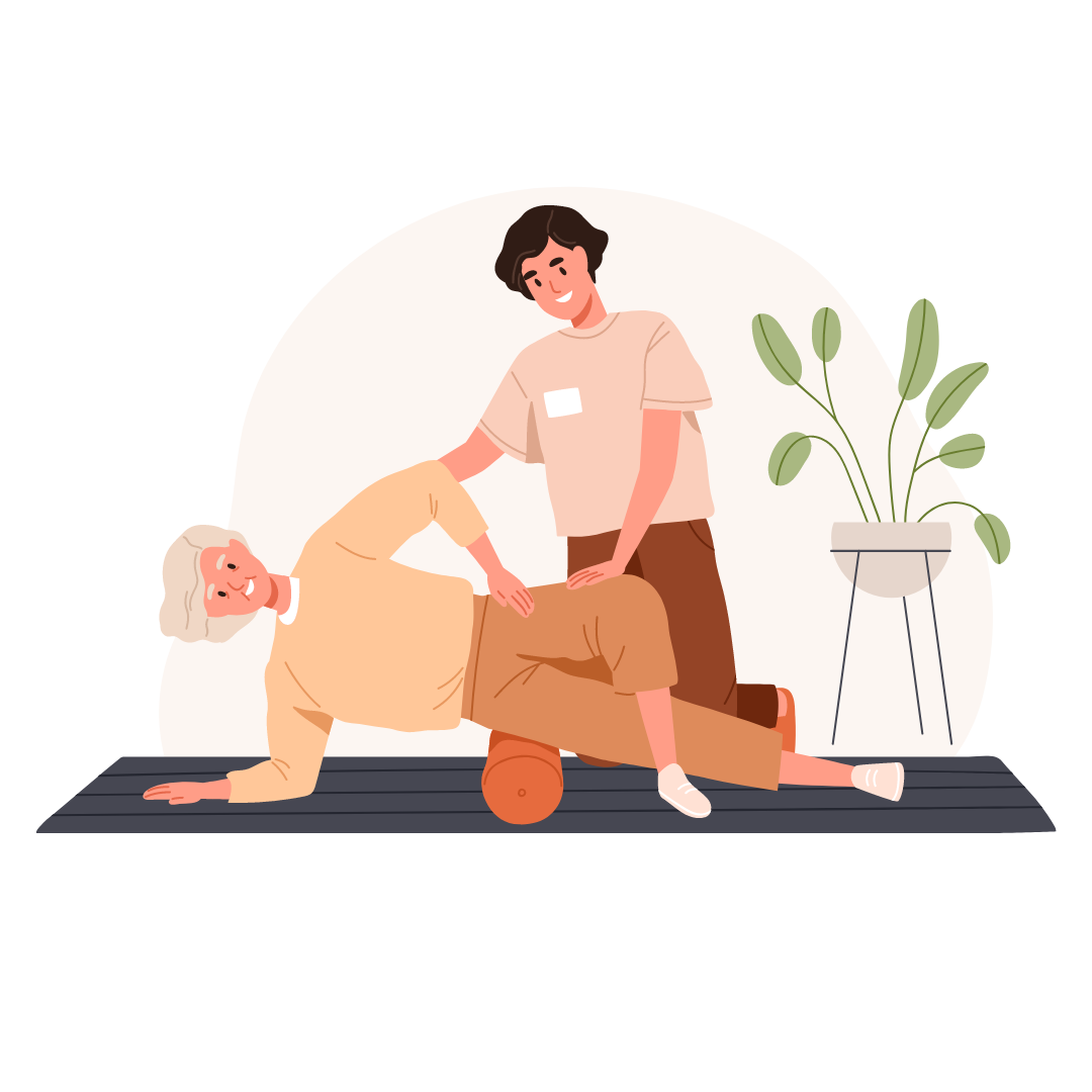 Physiotherapeut, der in der Praxis mit einem Patienten eine Übung durchführt.